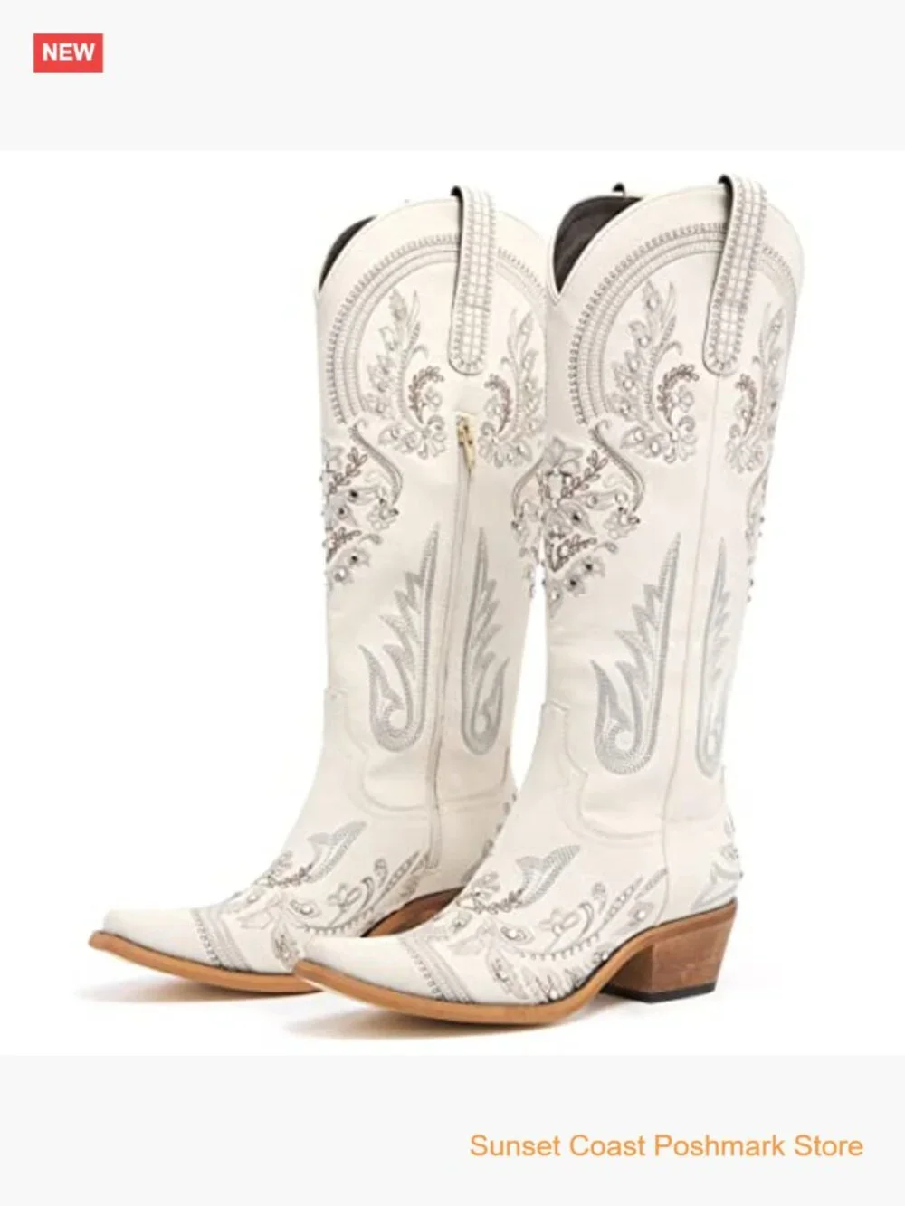 Embroidered Rhinestone Cowboy Boots Knee High Cowgirl Pointed Toe Chunky Heel - Picture 6 of 7